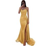 Générique Robes de Bal en Satin Robes sirène avec appliqués en Dentelle Corset plissé avec Fente Robe de soirée l'or S