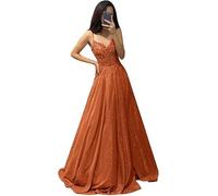 Générique Robes de Bal en Tulle Scintillant Robes à Bretelles Spaghetti et appliqués en Dentelle Robes de soirée Longues à Encolure en V Orange brûlé XXS