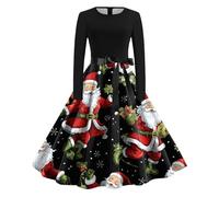 Générique Robes De Noël pour Femmes Robe de soirée Vintage pour Femmes, imprimé noël, Manches Longues, col Rond, années 1950, Bal Fin d'année, Plage (Red, XXL)