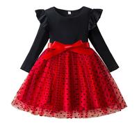 Générique Robes De SoiréE éLéGantes,Robe à Manches Longues CôTeléE à Pois pour Fille avec NœUd Et Jupe éLéGante Tenue De SoiréE pour Tout-Petits (Red 2-3 Years)