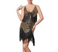 Générique Robes de SoiréE Robe de soirée élégante sans Manches à Franges et col pailleté,idéale pour Un Bal Promo,Un dîner ou Une fête.(Gold,XL)
