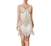 Générique Robes de SoiréE Robe de soirée élégante sans Manches à Franges et col pailleté,idéale pour Un Bal Promo,Un dîner ou Une fête.(Beige,M)