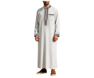 Générique Robes pour hommes, couleur unie, col montant, fermeture éclair, broderies, style musulman décontracté Haut Blanc Homme Dentelle (Light Gray, XXL)