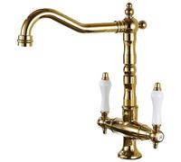 Générique Robinet de Cuisine en Laiton Antique, mitigeur d'évier rétro à Double poignée avec Bec pivotant à 360°, Robinet de lavabo Vintage Haute Pression pour Cuisine et Salle de Bain (doré)