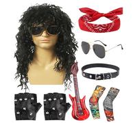 Générique Rocker Costume | Halloween 80s Rockers Star Costumes Set | 9pcs Men's Rock-er Heavy Metal Costumme 70s 80's Rock- Wigs Men Cost-ume Sets for Daily Wear