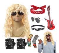 Générique Rocker Costume | Halloween 80s Rockers Star Costumes Set | 9pcs Men's Rock-er Heavy Metal Costumme 70s 80's Rock- Wigs Men Cost-ume Sets for Daily Wear