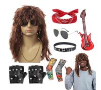 Générique Rocker Costume | Halloween 80s Rockers Star Costumes Set | 9pcs Men's Rock-er Heavy Metal Costumme 70s 80's Rock- Wigs Men Cost-ume Sets for Daily Wear