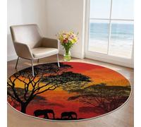 Générique Rond 160 cm Tapis Orange Animal Saison, Lavable en Machine Antidérapant Poil Ras Doux Couleur Tapis Paysage Coucher Soleil Éléphant pour Chambre Adulte Salle à Manger Bureau Descente Carpt