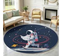 Générique Rond Astronaute Ciel Étoilé Tapis Poil Court 200 cm - Lavable en Machine Tapis Astronaute Cartoon antidérapant pour Chambre d'enfant, Coin Lecture, terrasse, Bleu