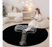 Générique Rond Tapis Salon Noir Moquette Rétro Marteau De Thor Simple - Tapis Chambre de Décoration Poil Ras Lavable en Machine Paillasson Rond Antidérapant Salle a Manger Chambre Adulte, 210 cm