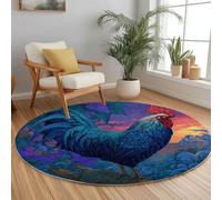 Générique Rond Tapis Transitionnel pour Salon, Salle à Manger, Chambre à Coucher, Tapis Rond à Poil Court Animal Coqs Plumes Fleurs Antidérapant Fluffy 120 cm