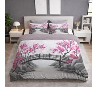 Générique Rose Parure de Lit Pont Fleurs de Cerisier Rochers Ruisseau Parure de Lit, Encre Duveteux Imprimée Oriental Classique Romantique Serein Housse de Couette für Adultes - 140 x 200
