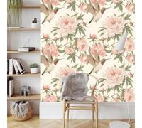 Générique Rose Pivoine Papier Peint Adhesif 3D Fleurs Oiseau Mural Motif Film Décoratif Meuble Intissé Wallpaper Autocollant Imperméable Mat Stickers Collant pour Armoires Murs Salon Chambre 0.52X3 M