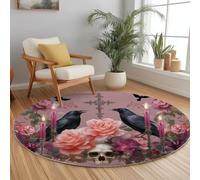 Générique Rose Violet Antidérapant Tapis Rond 60 cm, Crâne De Corbeau Floral Rétro Lavable en Machine Tapis Rond, Moquette de Salon et Chambre Doux et Confortable, Idéal pour Intérieurs décoration