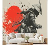 Générique Rote Sonne Tapeten Vliestapete Samurai Krieger Vliestapete Orientalische Tinte Wandtapete für Küche Badezimmer Flur 152 x 104 cm 3D Effekt Klebetapete