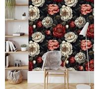 Générique Rouge Blanc Pivoine Papier Peint Adhesif Rose Fleur Mural Motif Film Décoratif Meuble Intissé Wallpaper Autocollant Imperméable Mat Stickers Collant pour Armoires Murs Salon Chambre 0.4X3 M