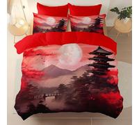 Générique Rouge Réversible Housse de Couette, Style Chinois Tour Montagnes Pont Motif Microfibre Parure de Lit avec 2 Taies d'oreiller, 140 x 200 cm Imprimée Housse de Couette avec Fermeture Éclair
