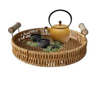Générique Round Handwoven Storage Basket - Rattan Round Tray | Small Rattan Basket Serving Tray with Handle | Wicker Serving Baskets for Organizing Tabletop Bathroom Kitchen Counter