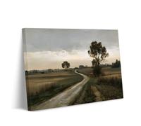 Générique Route De Campagne Impression Toile Paysage Rustique Décor Mural | Imprimé sur toile avec texture de pinceau visible, tons terreux atténués et ciel atmosphérique, idéal pour les pièces à vivre