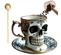 Générique Royal Skull Coffee Mug, Gothic Porcelain Tea Cup With Gold Trim, Halloween Skull Cup with Saucer Set for Coffee Lovers and Collectors