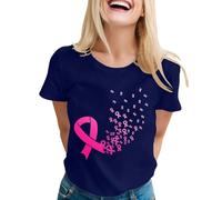 Générique Ruban Octobre Rose Femme Tshirt,Haut Femme Chic Et Elegant À Manches Courtes Col Rond Haut Décontractées Imprimé Ruban Rose Cancer du Sein Ample Confortable Tops