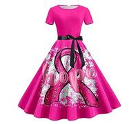 Générique Ruban Rose de Sensibilisation au Cancer du Sein Robes de Soirée pour Femme Vintage Robes de Années 50,Chic et Elegant Robe de Cocktail Taille Haute Robes À Manches Courtes