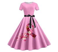 Générique Ruban Rose de Sensibilisation au Cancer du Sein Robes de Soirée pour Femme Vintage Robes de Années 50,Chic et Elegant Robe de Cocktail Taille Haute Robes À Manches Courtes