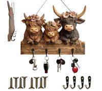 Générique Rustic Highland Cow Wooden Family Key Holder, Three Adorable Cows Keys Decorative Rack, Farmhouse Wall Mount Bullhead Animal Key Hooks with 4 Metal Hooks for Entryway,Hallway,Home Gift