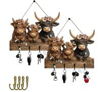 Générique Rustic Highland Cow Wooden Ornament, 2d Key Holder Wall Mount With 4 Hooks, Highland Cow Wall Hanging Key Hook Board For Entryway Or Kitchen (2Pcs)