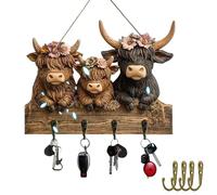 Générique Rustic Highland Cow Wooden Ornament, 2d Key Holder Wall Mount With 4 Hooks, Highland Cow Wall Hanging Key Hook Board For Entryway Or Kitchen (1Pcs)