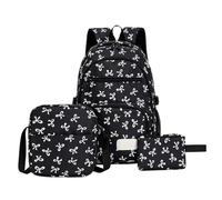 Générique Sac à Dos D'école 3 Pièces, Comprend Un Sac Porté Croisé Et Une Trousse à Crayons Ornés D'un Motif De NœUds; Convient Aux Jeunes Filles Pour L'école Ou Les Voyages (Noir Blanc)