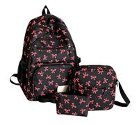 Générique Sac à Dos D'école 3 Pièces, Comprend Un Sac Porté Croisé Et Une Trousse à Crayons Ornés D'un Motif De NœUds; Convient Aux Jeunes Filles Pour L'école Ou Les Voyages (Noir Rose)