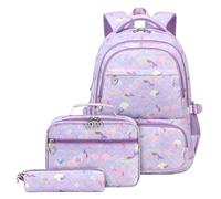 Générique Sac à dos d'école primaire, ensemble déjeuner et crayons pour filles de la 3e à la 6e année, sac dos ergonomique de grande capacité pour enfants 7 11 ans (Purple, One Size)