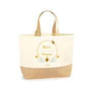 Générique Sac cabas “Merci Nounou” abeilles - Cadeau fête des nounous ou Noël - Personnalisable avec prénom - Sac toile et jute 38x44x18 cm -