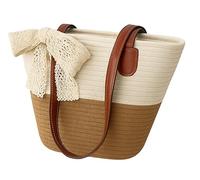 Générique Sac en Paille Tissé avec Dentelle Décorative, Look K-pop, Taille MOYENNE, Style Décontracté, Idéal Pour Shopping et Effets Personnels, Tote Bag, Cabas. (Blanc Cassé & Marron)