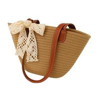 Générique Sac en Paille Tissé avec Dentelle Décorative, Look K-pop, Taille MOYENNE, Style Décontracté, Idéal Pour Shopping et Effets Personnels, Type Shopper, Tote Bag, Cabas. (marron)