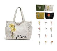 Générique Sac Fourre-Tout Personnalisé en Velours Côtelé pour Femmes, avec Fleurs de Naissance, Grande Capacité, Sac à Bandoulière Personnalisé avec Nom, pour L'université, Le shopping, Le travail