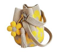 Générique Sac Tote Crochet Fait Main, Sac Tissé Boho à Motifs Floraux Blancs avec Gland Décoratif, Sac de Plage pour Shopping, Pique-Nique, Festival, Cadeau pour Elle (Yellow)