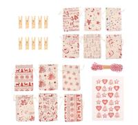 Générique Sachet Calendrier de L’Avent de Noël en Lin, Lot Décoratif | 10 M Corde Bicolore, Pinces en Bois et Autocollants Inclus, pour Jouets et Chocolats Style Aléatoire
