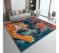 Générique Salon Moelleux Tapis Japonais Traditionnel Animaux Tigre Dragon, Ne Perd Pas Ses Poils Antidérapant Tapis Salle A Manger - pour Interieur Le Salon Porche Patio 60 x 90 cm Bleu