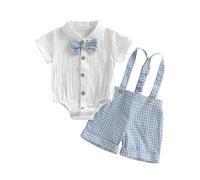 Générique Salopette Garçon Lin Manches Courtes, Rayée Bleu Marine - Nœud Papillon Tenue Décontractée Été, pour Mariage Ou Balade