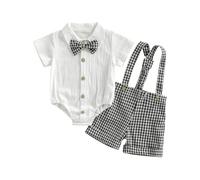 Générique Salopette Lin Garçon, Haut Rayé Manches Courtes avec Nœud Papillon, Ensemble D’été Décontracté pour Tout-Petit