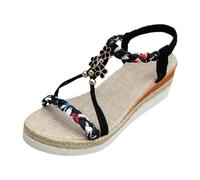 Générique Sandal Femmes Été Bohème Tressé Fleurs Métalliques, Sandal Compensées Espadrille Bride Élastique, Chaussures Plage Vacances Confortables Antidérapantes Décontractées