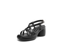 Générique Sandales Compensées À Plateforme À Brides Entrecroisées Slingback pour Femmes avec Boucle Réglable Talon Bloc Épais Bout Ouvert,Noir,34 EU