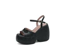 Générique Sandales Compensées À Plateforme Vintage pour Femmes avec Bout Ouvert Sangle De Cheville Talon Épais Tissu Embossé Chaussures Assorties De Style Chinois,Noir,34 EU