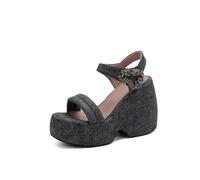 Générique Sandales Compensées en Denim Femme Bout Ouvert Bride Cheville Boucle Strass Talon Haut Robuste Sandales Habillées Estivales Décontractées,Noir,34 EU