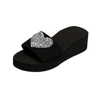 Générique Sandales Compensées Femme Confortable Pieds Larges Dames Été Clignotant Coeur Décoration Bout Ouvert Pente Talon Pantoufles Chaussure Femme Compensée Sandales Reflexologie (Silver,40)