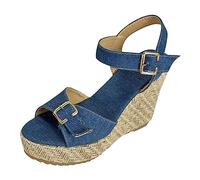Générique Sandales Compensées Femme Été Sandales Plateforme Femmes Denim Bleu Plate À Talons Épais À La Talons Hauts pour Filles Courtes Denim Boucle Décor Mules Femme Été Confortable (Blue,40)