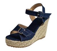 Générique Sandales Compensées Femme Été Sandales Plateforme Femmes Denim Bleu Plate À Talons Épais À La Talons Hauts pour Filles Courtes Denim Boucle Décor Mules Femme Été Confortable (Dark Blue,41)