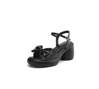 Générique Sandales Compensées Femme Nœud Décoratif Bout Ouvert Bride Cheville Boucle Talon Bloc Épais Chaussures d'Été Robes Confortables Sandales à Talons,Noir,34 EU